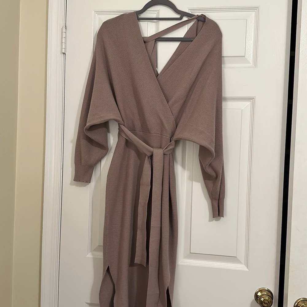 Long Sleeved Sweater Dress - Tan